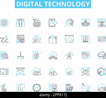 Lineare Symbole für digitale Technologie. Internet, Soziale Medien, Cloud, Big Data, Analysen, Automation, Robotik Linienvektor und Konzeptzeichen Stock Vektor