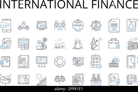 Icons für internationale Finanzlinien. Corporate Finance, Global Economics, Capital Markets, Financial Management, Mtary Policy, Investitionen Stock Vektor