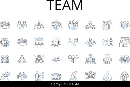 Team Line Icons Kollektion. Trupp, Gruppe, Gang, Einheit, Truppe, Firma, Posse-Vektor und lineare Darstellung. Band, Crew, Clique-Umrissschilder gesetzt Stock Vektor