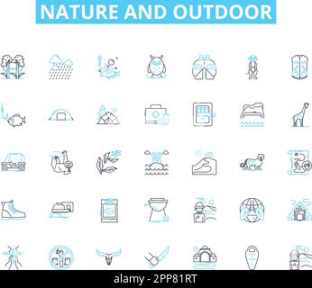 Lineare Symbole für Natur und Außenbereich. Wildnis, Berge, Wälder, Flüsse, Ozeane, Landschaften, Tierschutzlinien, Vektor- und Konzeptschilder. Sonnenuntergänge Stock Vektor