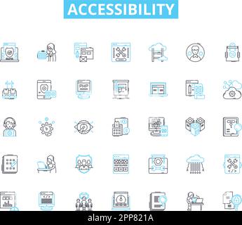 Satz linearer Symbole für Barrierefreiheit. Inklusion, Behinderung, Unterkunft, Einfühlungsvermögen, Würde, Hilfszeichen, Equity-Line-Vektor und Konzeptzeichen Stock Vektor