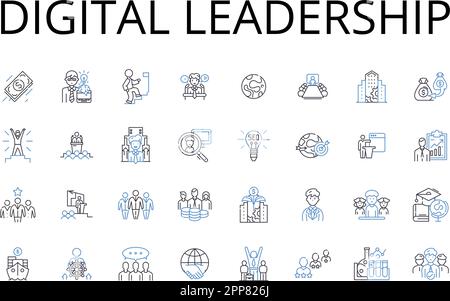 Sammlung digitaler Leadership Line Icons. Cyber-Vorherrschaft, fortgeschrittenes Know-how, innovatives Denken, modernes Management, technologische Vorausschau Stock Vektor