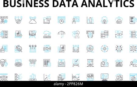 Lineare Symbolgruppe für die Analyse von Geschäftsdaten. Erkenntnisse, Metriken, Visualisierung, Dashboards, Optimierung, Daten, Analytics Vektorsymbole und Linienkonzept Stock Vektor