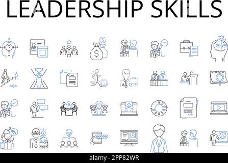 Leadership Skills Line Icons Kollektion Kommunikationsfähigkeiten, Teamwork, Problemlösungsfähigkeiten, Zeitmanagement, kritisches Denken Stock Vektor