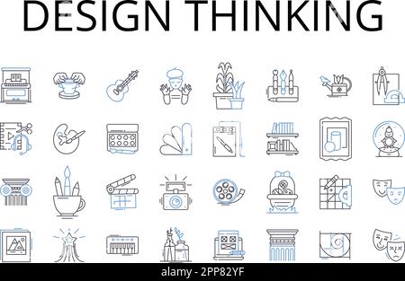 Design Thinking Line Icons Kollektion. Kreativer Prozess, strategischer Ansatz, innovative Denkweise, Problemlösung, Vorstellungstechnik, Benutzerzentriert Stock Vektor