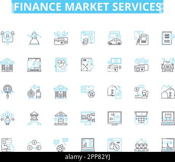Lineare Symbolgruppe für Finanzmarktservices. Vermögen, Investitionen, Aktien, Leistungen, Ruhestand, Trading, Securities Line Vector und Concept Signs Stock Vektor