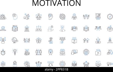 Sammlung von Symbolen für Motivationslinien. Typografie, Layout, Navigation, Responsive, Benutzerfreundlichkeit, Farbe, Vektor für Barrierefreiheit und lineare Darstellung. Mobil Stock Vektor