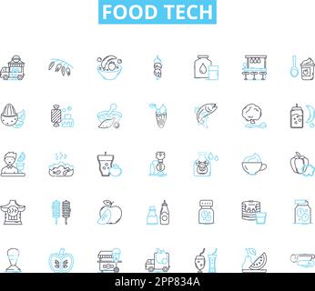 Lineare Symbole für die Lebensmitteltechnologie eingestellt. Automatisierung, biologisch abbaubar, Biosensoren, Blockchain, Co-Packaging, Kultivierung, Vektor- und Konzeptzeichen der Förderleitung Stock Vektor