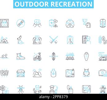Lineare Symbole für Outdoor-Aktivitäten. Wandern, Camping, Angeln, Fahrradfahren, Jagen, Klettern, Kajakfahren, Linienvektor und Konzeptschilder. Rafting, Schwimmen Stock Vektor