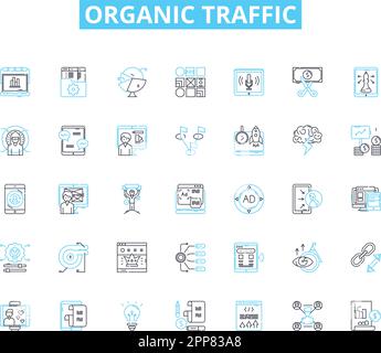 Lineare Symbole für organischen Datenverkehr festgelegt. Ranking, SERP, Optimierung, Klicks, Schlüsselwörter, Verkehrsfunk, Inhaltslinienvektor und Konzeptschilder. Analysen, Konvertierungen Stock Vektor