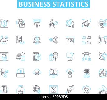 Lineare Symbolgruppe für Geschäftsstatistiken. Analyse, Prognosen, Daten, Wahrscheinlichkeit, Trends, Variabilität, Korrelationslinienvektor und Konzeptzeichen Stock Vektor