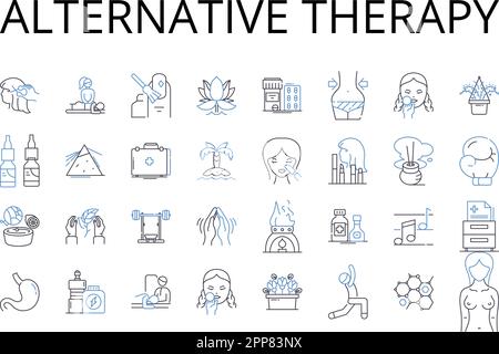 Symbolsammlung für alternative Therapieleitungen. Zeitgenössische Medizin, neuer Ansatz, unkonventionelle Medizin, innovative Technik, ganzheitlicher Ansatz Stock Vektor