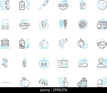 Lineare Symbole für die Lebensmittelindustrie. Produktion, Inhaltsstoffe, Qualität, Sicherheit, Verarbeitung, Verpackung, Hygienelinienvektor und Konzeptschilder Stock Vektor