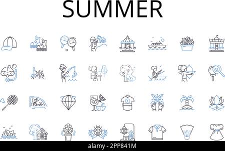 Summer Line Icons Kollektion. Hitzewelle, Sonnenschein, hohe Temperaturen, Strandtage, Urlaubszeit, Verbrannte Tage, sonniger Himmel und lineare Darstellung Stock Vektor