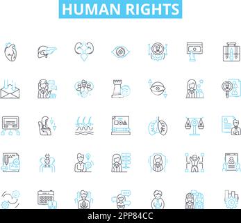 Menschenrechte - Lineare Symbole gesetzt. Gleichheit, Würde, Gerechtigkeit, Freiheit, Freiheit, Diskriminierung, Empowerment-Linienvektor und Konzeptzeichen. Respekt Stock Vektor