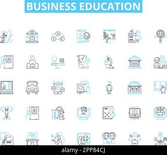 Lineare Symbolgruppe für Geschäftsausbildung. Management, Finanzen, Buchhaltung, Marketing, Unternehmertum, Wirtschaftswissenschaften, Leitlinienvektor und Konzeptzeichen Stock Vektor