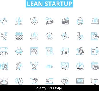 Linearer Symbolsatz für Lean Startup. Agilität, Innovation, Validierung, Iteration, Wachstum, Risiko, Mindestlinienvektor und Konzeptzeichen. Rentabel, Produktmarkt Stock Vektor