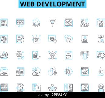 Lineare Symbolgruppe für Webentwicklung. HTML, CSS, JavaScript, PHP, Python, Ruby, TypeScript-Linienvektor und Konzeptzeichen. Reagieren, Winkelform, Vue Umriss Stock Vektor