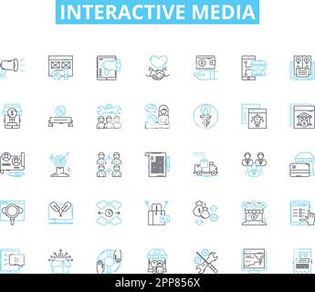 Lineare Symbole für interaktive Medien. Interaktion, Digital, Multimedia, Interaktiv, Spiele, Animation, virtueller Linienvektor und Konzeptzeichen. Erweitert Stock Vektor