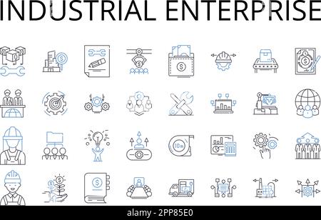 Symbolsammlung für Industrieunternehmen. Handelsunternehmen, Konzernunternehmen, Produktionswerk, Produktionsanlage, Dienstleister Stock Vektor