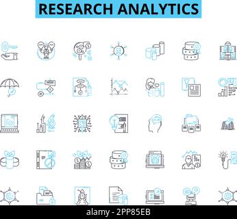 Lineare Symbole für Forschungsanalysen. Erkenntnisse, Analysen, Daten, Tools, Analysen, Metriken, Forschungslinienvektor und Konzeptzeichen. Trends,Schlüssel Stock Vektor