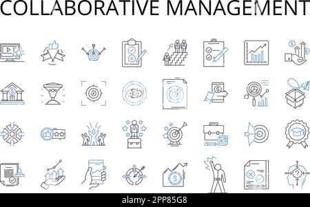 Sammlung der Liniensymbole für die kollaborative Verwaltung. Kooperative Führung, Gemeinsame Verwaltung, einheitliche Governance, Gemeinsame Leitung, Interaktiv Stock Vektor