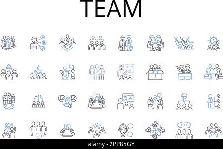 Team Line Icons Kollektion. Trupp, Gruppe, Gang, Einheit, Truppe, Firma, Posse-Vektor und lineare Darstellung. Band, Crew, Clique-Umrissschilder gesetzt Stock Vektor