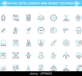 Lineare Symbole für künstliche Intelligenz und Robotertechnologie. Robotik, Automatisierung, maschinelles Lernen, Nerven, Expertensysteme, Chatbots Stock Vektor