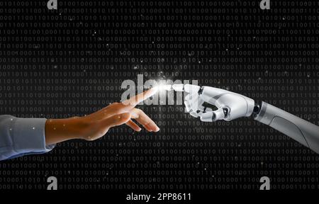 Roboter und menschliche Hände berühren und verbinden sich auf binärem Code-Hintergrund. Intelligente KI, maschinelles Lernen, Chatbot-Konzepte. Künstliche Intelligenz für die Wissenschaft, Stockfoto