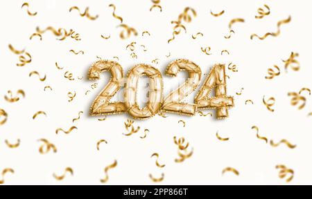 2024 realistische Ballons mit Goldfolie und Bändern. Happy Birthday (alles gute zum Geburtstag), Merry Christmas (Frohe Weihnachten), Happy New Year (Frohes neues Jahr), Anniversary (Hochzeitstag), Gruß Abbildung 3D – weiß b Stockfoto