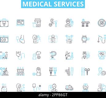 Lineare Symbole für medizinische Dienste gesetzt. Diagnose, Behandlung, Gesundheitsversorgung, Rehabilitation, Vorbeugend, Klinik, Therapielinienvektor und Konzeptzeichen Stock Vektor