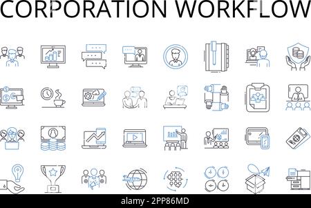 Symbolsammlung für Unternehmens-Workflow-Zeilen. Unternehmensprozess, Geschäftsbetrieb, Unternehmensmechanismus, Organisationsverfahren, Firmenprotokoll Stock Vektor