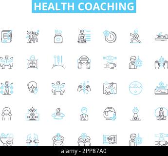 Lineares Symbol für Health Coaching. Wellness, Ernährung, Bewegung, Motivation, Verantwortungsbewusstsein, Selbstfürsorge, Achtsamkeitslinienvektor und Konzeptzeichen Stock Vektor