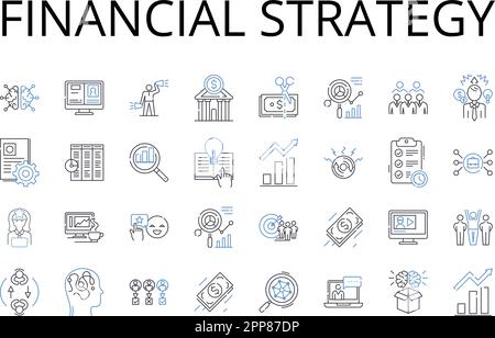 Symbolsammlung für die Finanzstrategie. Marketingplan, Geschäftsmodell, Rechtsrahmen, Investitionsportfolio, Beschaffungsprozess, Vertriebsstrategie Stock Vektor