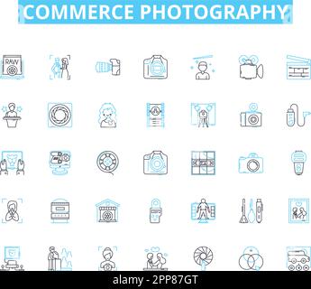Commerce Fotografie Lineare Symbole gesetzt. E-Commerce, Produkt, Werbung, Markt, Vertrieb, Merchandising, Anzeigen von Linienvektoren und Konzeptschildern. Branding Stock Vektor