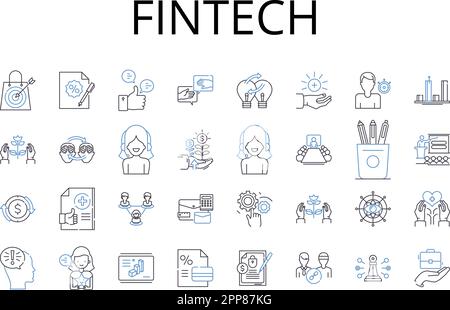 FinTech-Zeilensymbole. Digitales Banking, Finanztechnologie, elektronische Zahlungssysteme, mobiles Banking, Online-Zahlungsdienste, Digital Stock Vektor