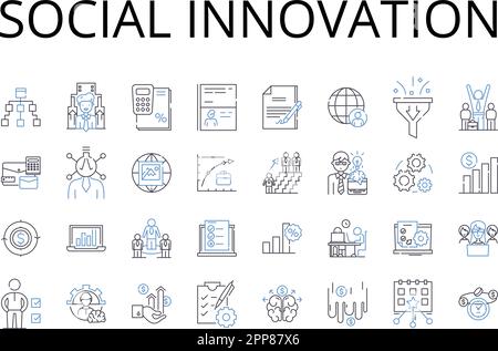 Icons-Kollektion für Social Innovation Line. Ökologische Nachhaltigkeit, technologischer Fortschritt, Entwicklung der Gemeinschaft, Verantwortung der Unternehmen Stock Vektor