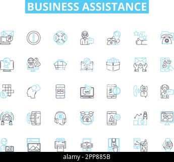 Business Assistance - Lineare Symbolgruppe. Consulting, Beratung, Mentoring, Coaching, Nerking, Outsourcing, Strategielinie und Konzeptzeichen Stock Vektor