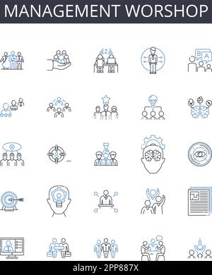 Symbolsammlung für Management Worshop Line. Innovation, Robotik, Erweitert, Virtuell, Automatisierung, Nanotechnologie, Quantenvektor und lineare Darstellung Stock Vektor