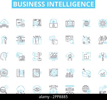 Lineare Symbole für Business Intelligence. Analysen, Daten, Erkenntnisse, Leistung, Dashboards, Berichterstellung, Visualisierungslinienvektor und Konzeptzeichen Stock Vektor