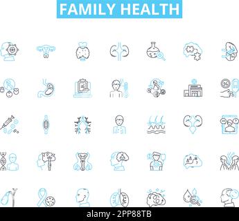 Lineare Symbole für Familienzustand festgelegt. Ernährung, Bewegung, Hygiene, Schlaf, Impfstoffe, Prävention, Medizinlinienvektor und Konzeptzeichen. Vorsorgeuntersuchungen, Therapie Stock Vektor