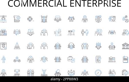 Symbolsammlung der kommerziellen Unternehmenslinie. Innovation, Strategie, Wachstum, Investitionen, Entwicklung, Verkaufschance, Marktvektor und lineare Darstellung Stock Vektor