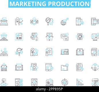 Lineare Symbole für Marketingproduktion. Strategie, Branding, Werbung, Kampagnen, Design, Inhalt, Vektor der Produktionslinie und Konzeptzeichen Stock Vektor