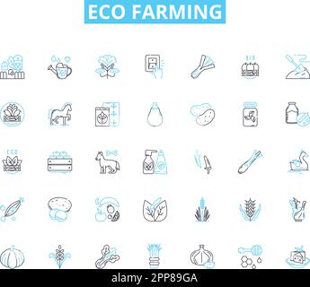 Lineare Symbole für Eco Farming eingestellt. Nachhaltigkeit, Organisch, Permakultur, Regenerativ, Boden, Artenvielfalt, Agroforst-Linienvektor und Konzeptzeichen Stock Vektor
