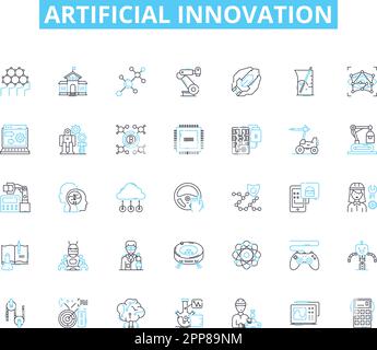 Künstliche Innovation, lineare Symbole. Automatisierung, Robotik, maschinelles Lernen, Nanotechnologie, Virtualisierung, Cyborgs, Teleoperationslinienvektor und Stock Vektor