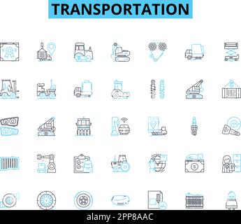 Lineare Symbole für Transport festgelegt. Auto, Fahrrad, Zug, Bus, Flugzeug, Fähren-, Helikopter-Linienvektor und Konzeptschilder. Umriss Boot, Taxi, Skateboard Stock Vektor