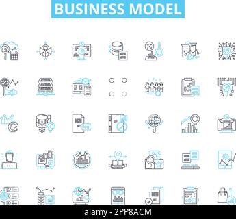 Lineares Symbolset für Geschäftsmodell. Innovation, Disruption, Umsatz, Skalierbarkeit, Nachhaltigkeit, Effizienz, Kundenlinienvektor und Konzeptzeichen Stock Vektor