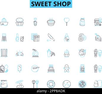 Sweet Shop – lineares Icons-Set. Süßigkeiten, Süßigkeiten, Zucker, Desserts, Lollipops, Schokolade, Gum-Line-Vektor und Konzeptschilder. Quallen, Cupcakes, Taffy Stock Vektor