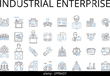 Symbolsammlung für Industrieunternehmen. Handelsunternehmen, Konzernunternehmen, Produktionswerk, Produktionsanlage, Dienstleister Stock Vektor