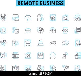 Linearer Symbolsatz für Remote-Business. Telearbeit, Virtuell, Digital, Online, Remote, Verteilte, agile Linienvektor- und Konzeptzeichen. Mobil, Cloud Stock Vektor